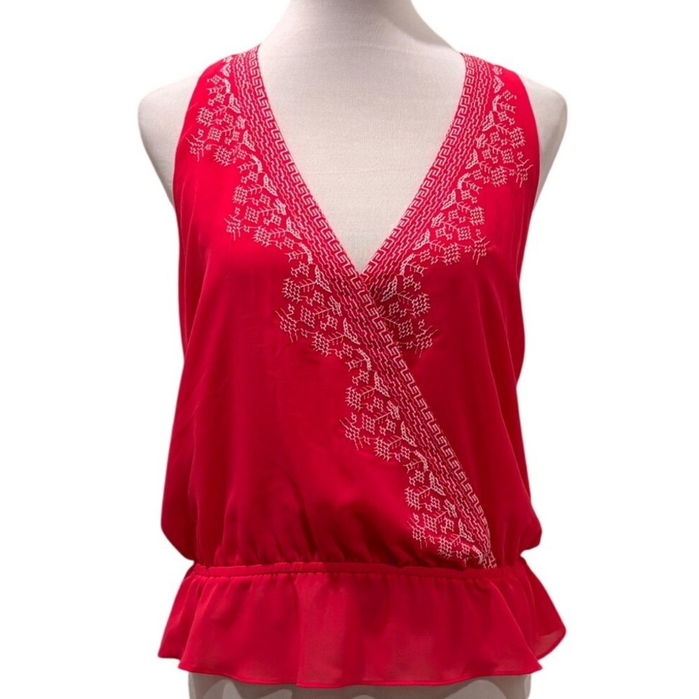 Rory Beca Forever 21 Tank Top Women Large Red Pink Embroidered Peplum T-Back
